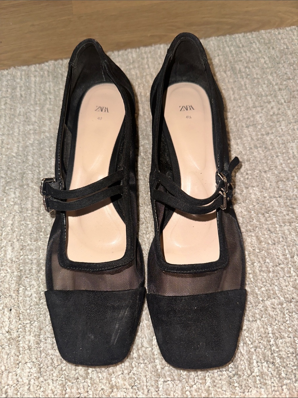 Zara Black Mesh & Suede Mary Jane Heels